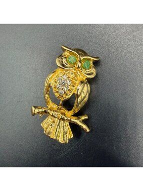 Vintage Owl Brooch Pin Rhinestones Green Eyes Gold Tone Bird on Branch Retro